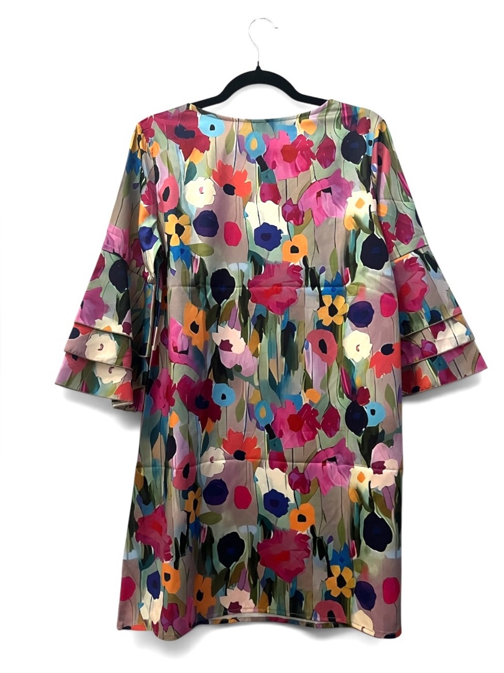 NWT Bold Watercolor Modern Floral Bell Sleeve V-Neck Shift Dress, S - Picture 3 of 5